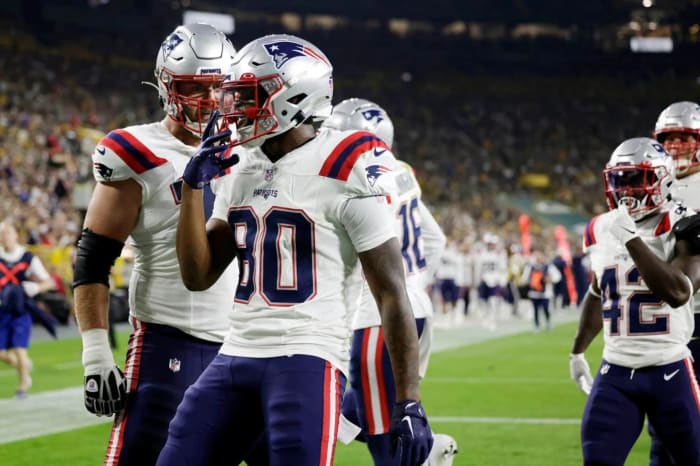 New England Patriots receiver Kayshon Boutte celebrates after a preseason touchdown against the Green Bay Packers.